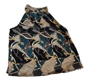 REVAMPED Halter Top Blouse Size XL Chain Link Equestrian Print Rhinestone...